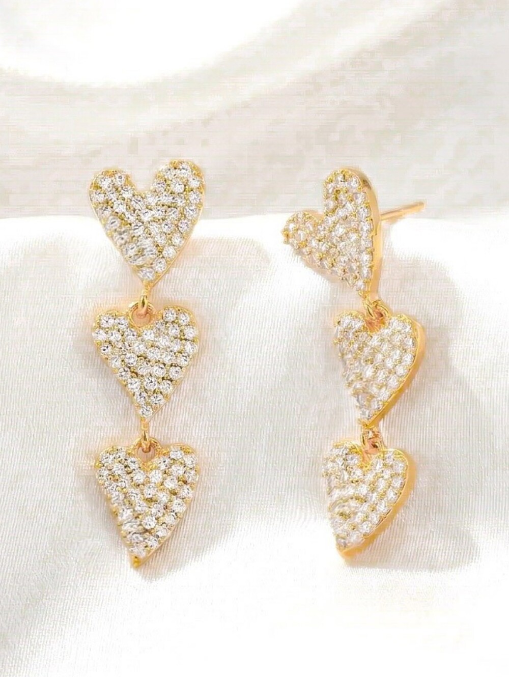 New Kate Spade Gold-Tone Precious Pavé Triple Drop Heart to Heart Linear Earring